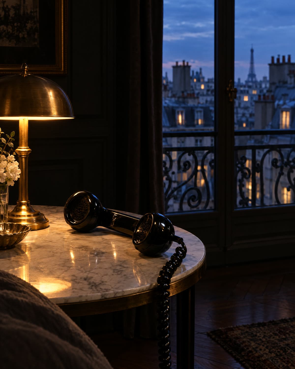Combiné de téléphone noir décroché sur une table de marbre, lampe de laiton, Paris à la nuit tombée