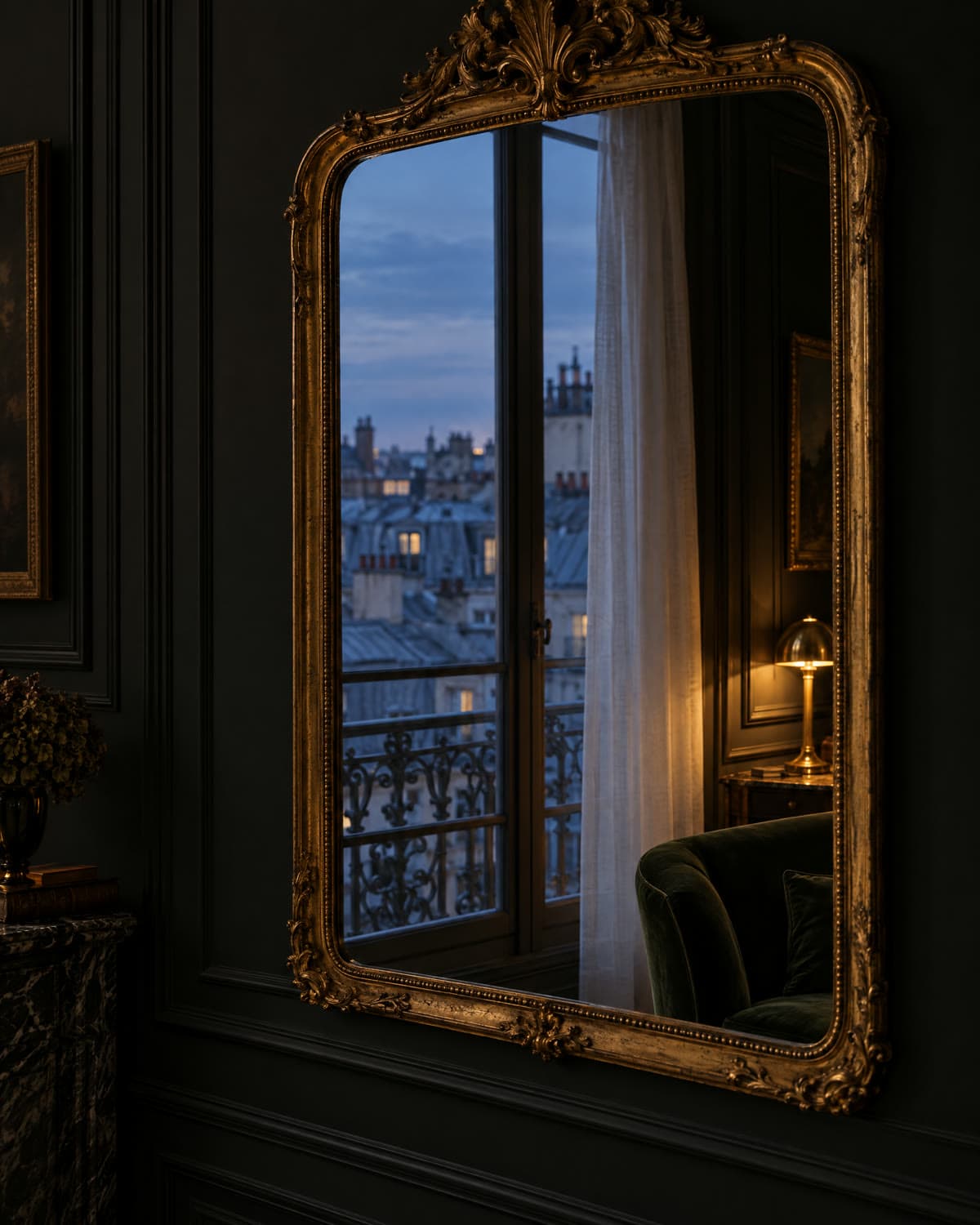 Miroir doré reflétant une fenêtre parisienne à l'heure bleue, une lampe et un fauteuil de velours